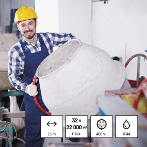 3 fázisú, ipari áramú (400 V-os) hosszabbító 5P 32 A csatlakozóval, 3 x 32 A terhelhetőséggel. 15 m. PM1103