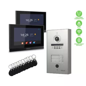   WiFi-s 7 colos 2 LAKÁSOS, 2 VEZETÉKES érintőképernyős kaputelefon SZETT. Kártya- és ujjlenyomatolvasó. EVOLVEO. DP-ID-2-S-F