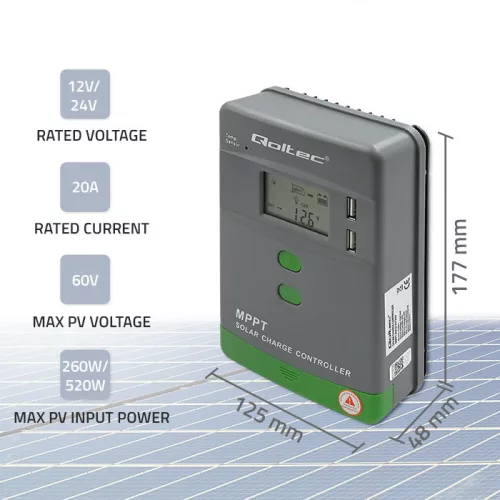 Napelemes töltésszabályozó, MPPT, 20 A, 12 / 24 V, LCD, 2 x USB. 53661