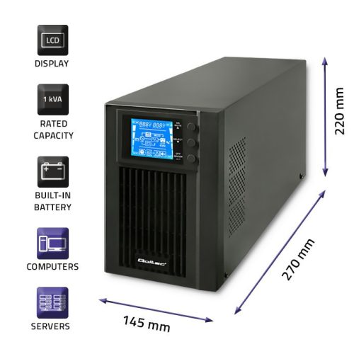  UPS szünetmentes tápegység, Online, Tiszta szinusz. 1 kVA / 800 W | LCD.  53042 Qoltec