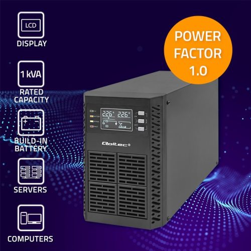  UPS szünetmentes tápegység, Online, Tiszta szinusz. 1 kVA / 1000 W | LCD.  52280 Qoltec