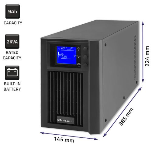  UPS szünetmentes tápegység, Online, Tiszta szinusz. 2 kVA / 1 600 W | LCD.  53981 Qoltec
