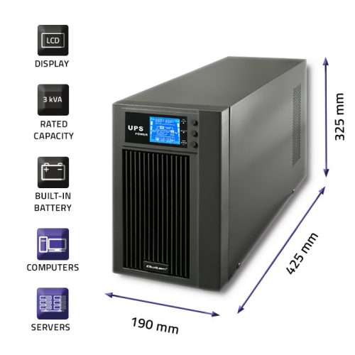  UPS szünetmentes tápegység, Online, Tiszta szinusz. 3 kVA / 2 400 W | LCD.  53043 Qoltec