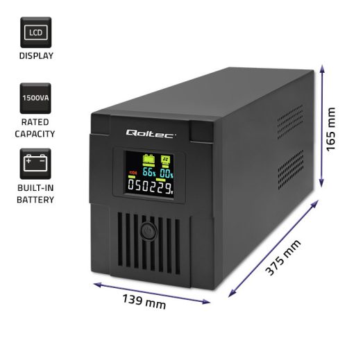 Szünetmentes tápegység (UPS) Line Interactiv, módosított szinusz, 1500 VA / 900 W.  LCD, USB, RJ45. 53770 Qoltec