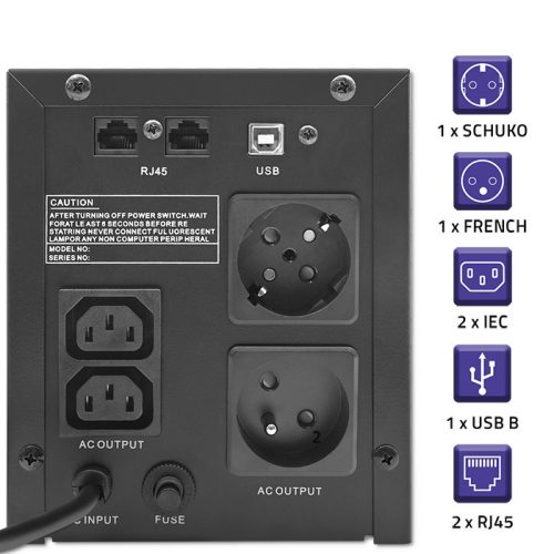 Szünetmentes tápegység (UPS) Line Interactiv, módosított szinusz, 2000 VA / 1200 W.  LCD, USB, RJ45. 53771 Qoltec