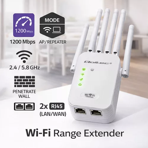 WiFi jelerősítő, repeater, hozzáférési Pont AC1200. 6 antenna | 2x RJ45.  2,4 / 5,8 GHz. 128 MB. 57068
