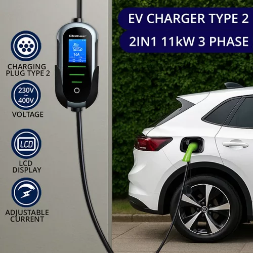 1 és 3 fázisú (230 V/400 V), állítható áramú (8- 16 A), max. 11 kW, időzíthető Type 2 EV (elektromos autó)  töltő, 5 m. WiFi. 52720