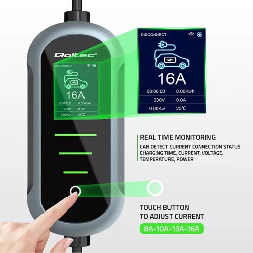 1 és 3 fázisú (230 V/400 V), állítható áramú (8- 16 A), max. 11 kW, időzíthető Type 2 EV (elektromos autó)  töltő, 5 m. WiFi. 52720