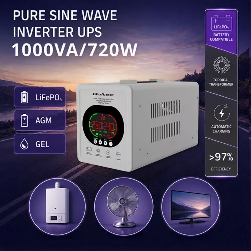 Szünetmentes tápegység (UPS) +AVR és inverter FŰTÉSHEZ is. 1000 VA,/720 W 12/230 V, Tiszta szinusz. 50451