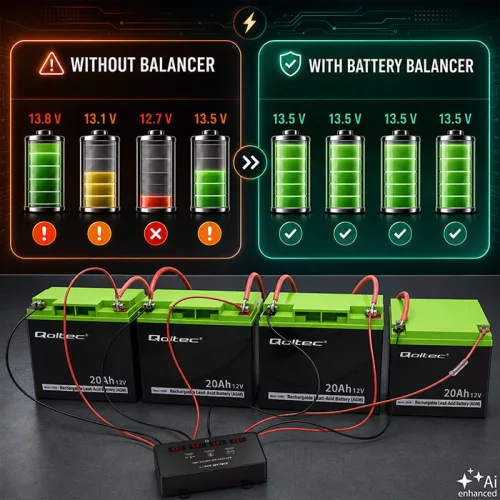 Feszültség kiegyenlítő 48 V-os akkumulátor telephez. LED. 4 x 12 V, 10 A, LiFePO4, AGM, GÉL. 51079
