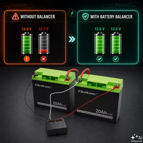 Feszültség kiegyenlítő 24 V-os akkumulátor telephez. LED. 2 x 12 V, 5 A, LiFePO4, AGM, GÉL. 51078