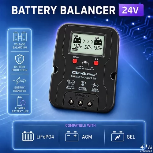Feszültség kiegyenlítő 24 V-os akkumulátor telephez (2x12 V), LCD kijelzővel, 5 A, AGM, GEL, Deep Cycle, LiFePO4. 51099