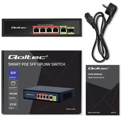 PoE Switch 4 x  RJ45 PoE,  1 x RJ45 Uplink, 1 x SFP,  65 W, 1000 Mb/s. 52296