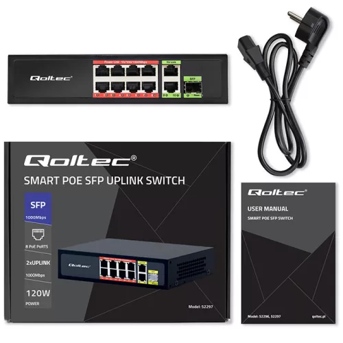 PoE Switch 8 x  RJ45 PoE,  2 x RJ45 Uplink, 1 x SFP,  120 W, 1000 Mb/s. 52297