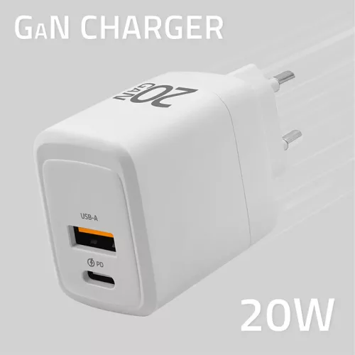 GaN 20 W-os töltő 5-20 V, 1,5-3 A, 1 x USB-C PD, 1 x USB QC 3.0. 51823