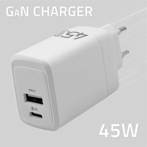 GaN 45 W-os töltő 5-20 V, 1,5-3 A, 1 x USB-C PD, 1 x USB QC 3.0. 51825