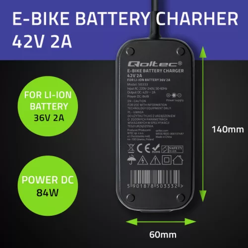 Gyors töltő elektromos kerékpárhoz és rollerhez 36 V / 42 V,  2 A | 5.5*2.5  + tápkábel. 50333
