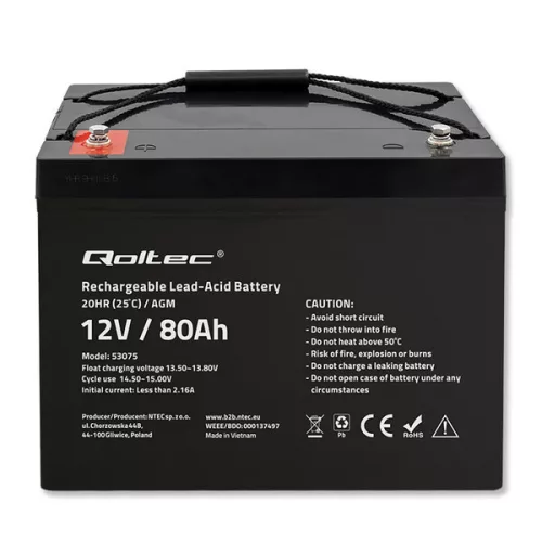 Zárt savas akkumulátor AGM 12 V 80 Ah. 53075. Qoltec