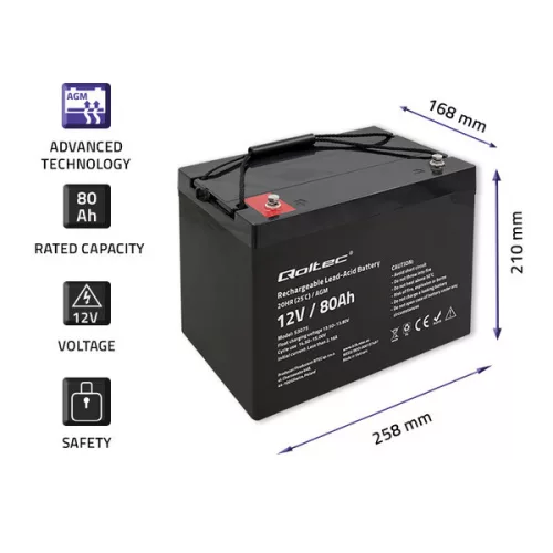 Zárt savas akkumulátor AGM 12 V 80 Ah. 53075. Qoltec