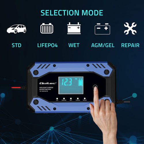 Automata autó akkumulátor töltő, 200 Ah-ig, 12 - 24 V, 10 A. AGM, GEL, LiFePO4. 52482