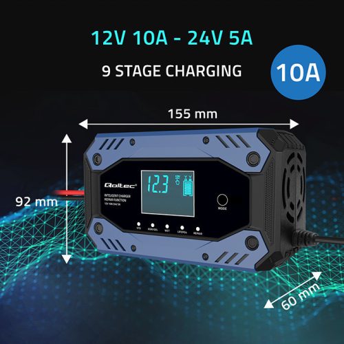 Automata autó akkumulátor töltő, 200 Ah-ig, 12 - 24 V, 10 A. AGM, GEL, LiFePO4. 52482