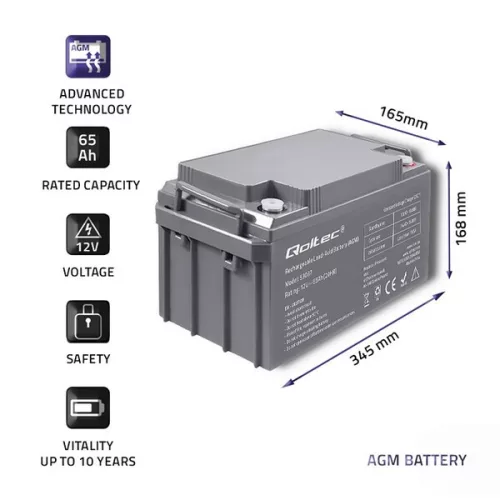 Zárt savas akkumulátor AGM 12 V 65 Ah. 53037. Qoltec