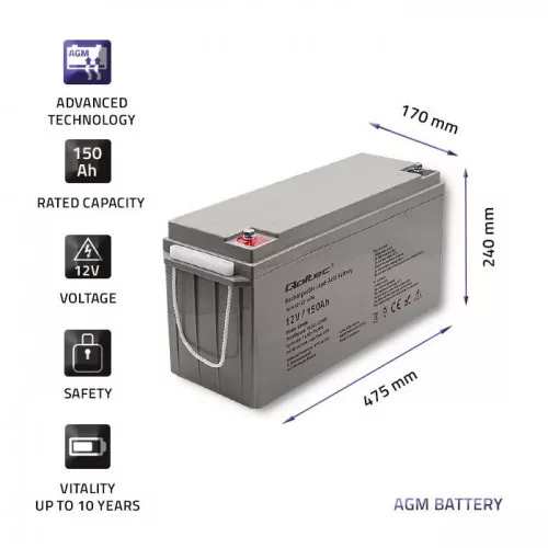Zárt savas akkumulátor AGM 12 V 150 Ah. 53068. Qoltec