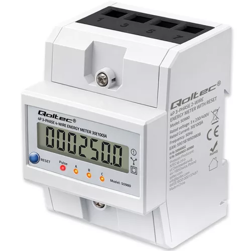 Sínre szerelhető, nullázható 3 fázisú, digitális elektromos fogyasztásmérő. 50980