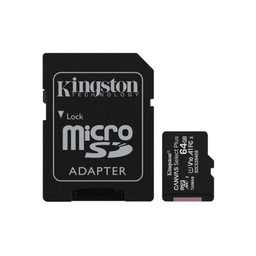 Kingston CANVAS Select Plus micro SD kártya, 100 MB/s, Full HD video, Class 10, 64 GB, SD adapterrel. SDCS2/64GB