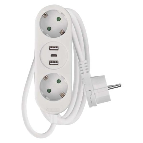 2-es elosztó 1,4 m 3 x 1,5 kábellel. + 2 x USB A + 1 x USB C.  P02214E