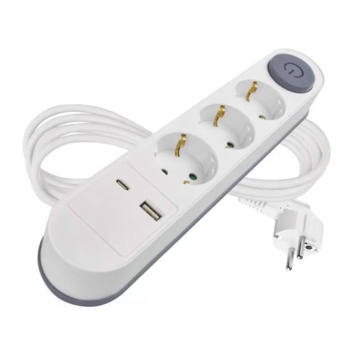 3-as kapcsolós elosztó 2 m; 3 x 1,5 kábellel. + 1 x USB A + 1 x USB C. P1322PD