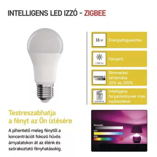 LED izzó GoSmart A60 / E27 / 11 W (75 W) / 1 050 lm / RGB / dimmelhető / Zigbee. ZQZ515R