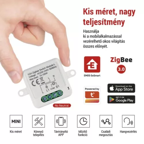 GoSmart kapcsolómodul IP-2103SZ, ZigBee, 1 csatornás (nem igényel N vezetéket).  H5103