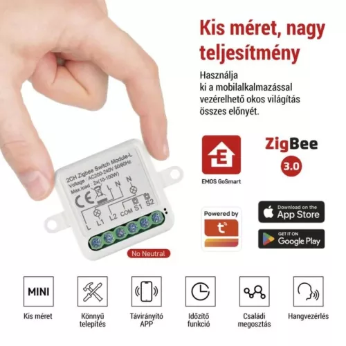 GoSmart kapcsolómodul IP-2104SZ, ZigBee, 2 csatornás (nem igényel N vezetéket).  H5104