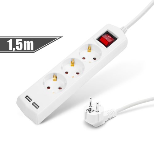 3-as kapcsolós elosztó 1,5 m; 3 x 1,5 kábellel. + 2 x USB A. 20221U